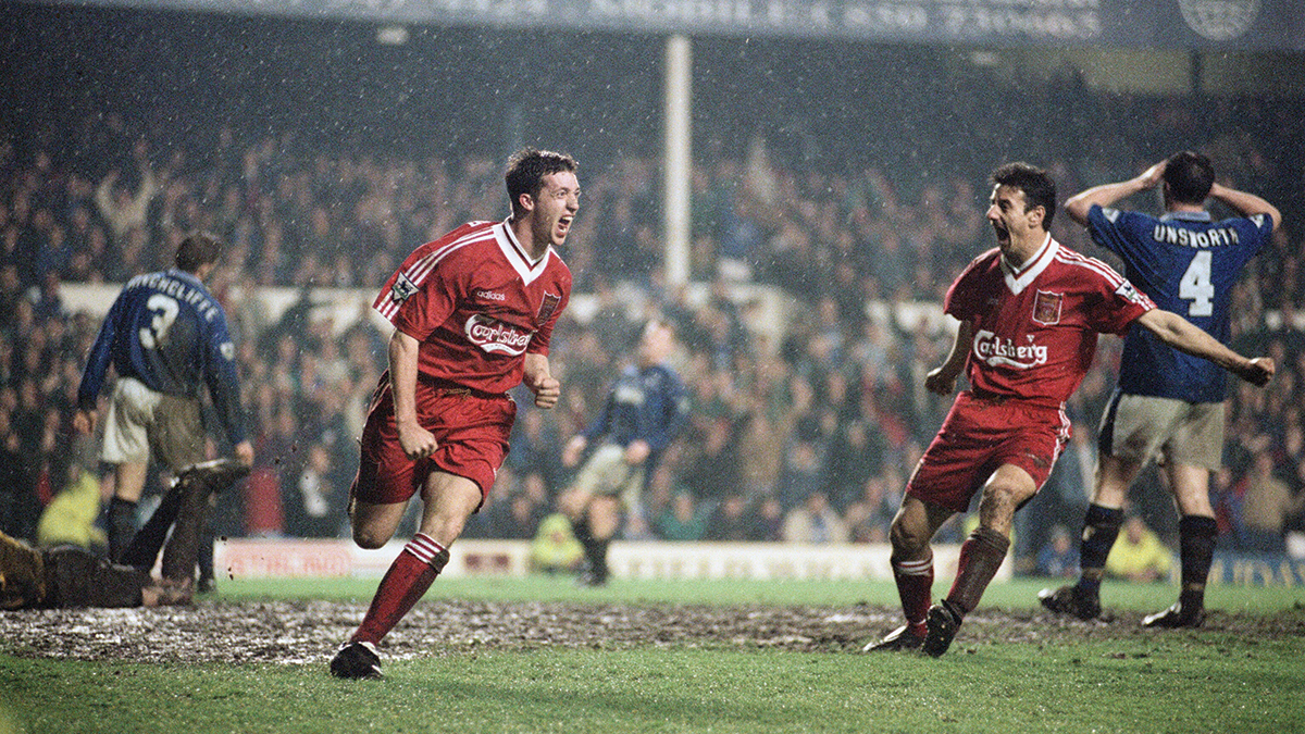 Ian Rush og Robbie Fowler på Goodison Park i april 1996.
