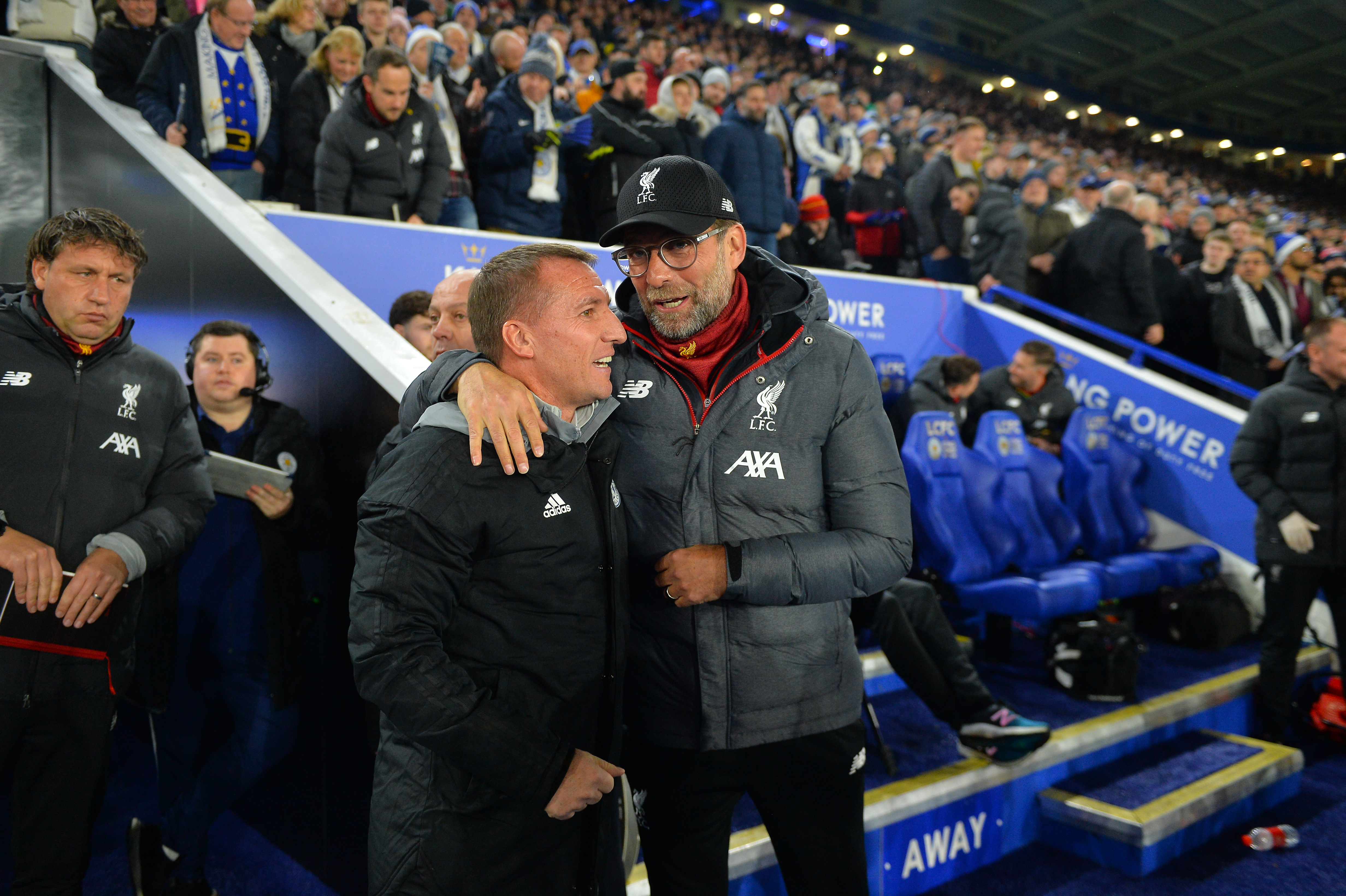GOD STEMNING: Rodgers og Klopp, her fotografert før kampen på King Power Stadium i desember 2019, skal gå godt overens.