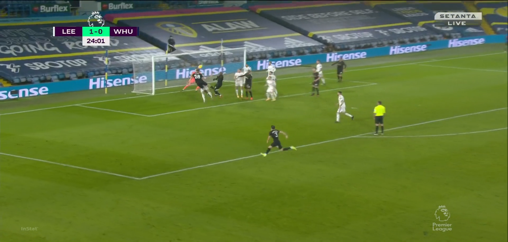 Tomas Soucek rager høyt og stanger inn et utlikningsmål mot Leeds.
